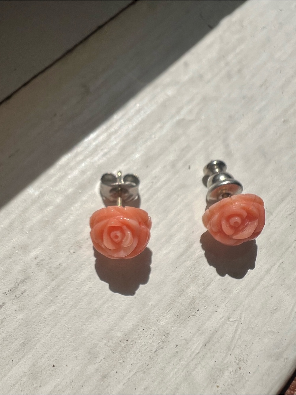 Carved Coral Pink Rose Stud Earrings